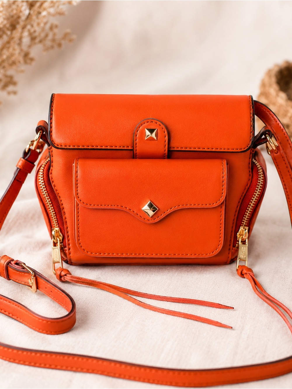 Rebecca Minkoff Mini MAB Side Zip Leather Crossbody Bag Orange Studded Pocket
